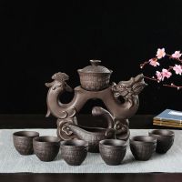 紫砂石磨半全自动功夫茶具套装懒人防烫复古创意时来运转陶瓷石墨|紫砂龙凤呈祥半自动