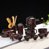 紫砂石磨半全自动功夫茶具套装懒人防烫复古创意时来运转陶瓷石墨|竹节褐色石磨茶具