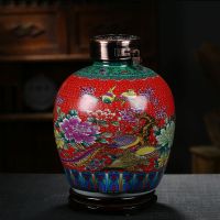 家用酒坛子酒壶泡酒缸酒罐酒瓶陶瓷仿古密封10斤50斤带龙头|红色珐琅彩花鸟买一送三 30斤不带龙头