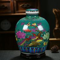 家用酒坛子酒壶泡酒缸酒罐酒瓶陶瓷仿古密封10斤50斤带龙头|绿色珐琅彩花鸟买一送三 10斤带不锈钢龙头