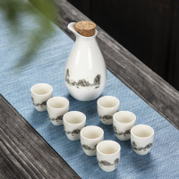 陶瓷酒具套装仿古酒壶小酒盅清酒杯喝酒杯家用白酒杯分酒器一口杯|一壶八杯(山水之间)+木塞