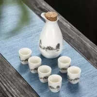 陶瓷酒具套装仿古酒壶小酒盅清酒杯喝酒杯家用白酒杯分酒器一口杯|一壶六杯(山水之间)+木塞