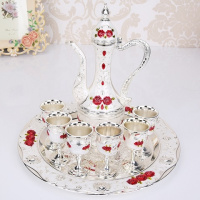 benesifit 欧式俄罗斯复古创意酒具套装家用婚礼金属酒壶饰品摆件|银白红花 8件