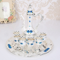 benesifit 欧式俄罗斯复古创意酒具套装家用婚礼金属酒壶饰品摆件|银白蓝花 8件