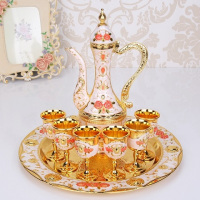 benesifit 欧式俄罗斯复古创意酒具套装家用婚礼金属酒壶饰品摆件|金白粉花 8件