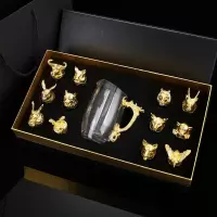 十二生肖白酒杯家用创意分酒器套装12只中式玻璃酒具一口杯子|金色十二生肖+酒尊(礼盒)
