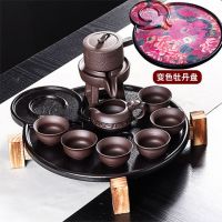 圆形茶盘家用石墨茶盘托盘遇热水变色茶具排水密胺茶盘功夫茶具|变色牡丹花盘+木架+茶具