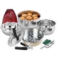 户外锅具便携不锈钢套锅野营用品野外锅露营餐具野炊锅旅行折叠锅|巧厨6件套锅--(配收纳袋+蒸格)