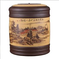 紫砂茶叶罐 七子饼普洱茶罐存茶罐茶缸大码茶罐 陶瓷茶具家用特价|7003紫泥黄.墨绘山水图