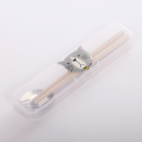 便携餐具筷子勺子套装可爱三件套学生叉子儿童筷盒木单人卡通收纳|款式A灰猫[筷叉套装]