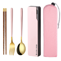 木质筷子勺子三件套餐具套装学生叉子单人装便携收纳盒上班族筷勺|粉金木筷+勺子+叉子(送粉盒+粉袋子)