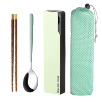 木质筷子勺子三件套餐具套装学生叉子单人装便携收纳盒上班族筷勺|绿银木筷+勺子(送绿盒+绿袋子)