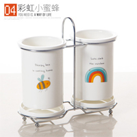 日式陶瓷筷子筒 陶瓷筷子筒陶瓷双筒筷笼子沥水创意筷篓韩式厨房筷子勺子收纳架家用|彩虹小蜜蜂