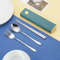 304不锈钢便携餐具盒筷子勺子叉子套装三件套学生单人可爱一人食|本色蓝盒(三件套)送水杯