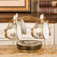 咖啡杯套装英式红茶杯陶瓷水杯子欧式茶具6件套家用办公室马克杯|金花4杯碟勺+架子