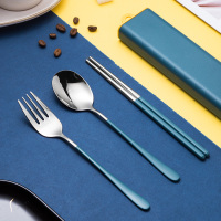 304不锈钢便携餐具盒筷子勺子叉子套装三件套学生单人可爱一人食|深海蓝(三件套)送水杯