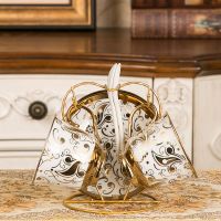 咖啡杯套装英式红茶杯陶瓷水杯子欧式茶具6件套家用办公室马克杯|金花2杯碟勺+架子