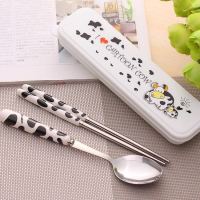 卡通kt猫不锈钢旅行餐具筷勺叉子三件套中小学生儿童便携餐具套装|黑色奶牛两件套