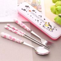 卡通kt猫不锈钢旅行餐具筷勺叉子三件套中小学生儿童便携餐具套装|粉色奶牛三件套