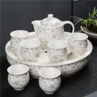 精品陶瓷功夫茶具青花防烫双层大号茶杯不烫手陶瓷器茶具茶壶茶道|白金叶整套(含茶盘)