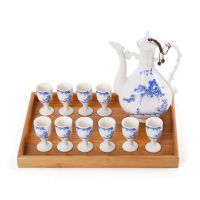 酒壶家用酒杯白酒 陶瓷酒具套装 青瓷传统酒壶 古代高脚杯白酒杯|清风明月一壶十杯+竹盘安全装