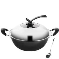 老式铁锅炒锅家用平底炖锅汤锅无涂层燃气灶电磁炉用炒菜锅不粘锅|单锅+不锈钢盖子+锅铲 34cm