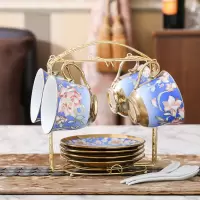 咖啡杯马克杯水杯子 家用陶瓷茶具套装套具欧式咖啡杯创意牛奶杯|蓝花4杯碟+4勺+高档架