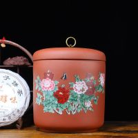 宜兴紫砂茶叶罐大号储茶七子饼普洱茶缸全手工密封醒茶罐竹节茶具|素面花开富贵(泥款)