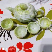 天然白玉阿富汗玉石茶具 功夫茶壶酒具摆件玉壶 养生高档茶杯套装|蓝田玉寿比南山款