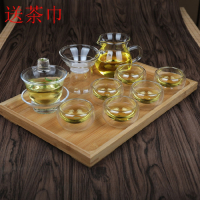 耐热高温玻璃盖碗 功夫茶具三才泡茶敬茶杯茶碗备大小码加厚|加厚小盖碗公道杯漏6双层杯竹盘