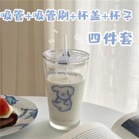 韩国ins简约泰迪狗玻璃吸管杯带盖杯子可爱卡通学生水杯子