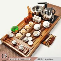 整套实木功夫茶具套装茶盘道家用简约四合一电磁炉陶瓷紫砂茶台海|13.原木连年有余白瓷山水套装
