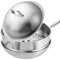 无油烟不粘锅304不锈钢炒锅无油烟炒菜锅无涂层不粘锅电磁炉|5层加厚钢锅+盖+蒸笼32CM-送铲