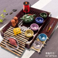 特价潮汕功夫茶具套装家用整套实木茶盘陶瓷紫砂茶壶茶杯茶道|10七彩冰裂小幽兰套装