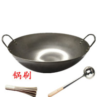 老式双耳熟铁锅炒锅无涂层大排档酒店专用抛锅铁皮锅手打大铁锅|40CM焊接1.8厚+刷+8两大勺