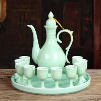 仿古酒具套装白酒分酒器家用古代酒壶一斤酒盅高脚杯小酒杯一口杯|梅子青套装(1壶10杯+瓷盘)