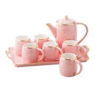 简约下午茶具套装陶瓷英式红茶壶欧式咖啡杯水具家用结婚礼物|1970粉色/1壶1托盘6杯