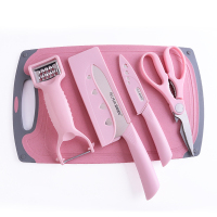 刀具套装 全套家用菜刀菜板二合一 厨房切水果刀组合宝宝辅食工具|五件套（粉麦板)