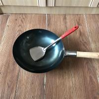 炒锅铁锅手工锻打无涂层炒锅煤气灶圆底不粘锅家用炒菜锅|单锅赠[不锈钢锅铲] 32木把圆底[朵]
