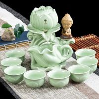 功夫茶具套装茶杯陶瓷家用特价全自动泡茶壶石磨懒人整套喝茶盖碗|青瓷半自动茶具莲花坐佛粉绿八杯