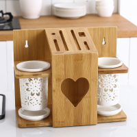 陶瓷筷子筒竹木刀架收纳架家用厨房用品刀具刀座菜刀置物收纳架子|向日葵双筒带竹木刀架