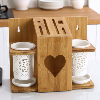陶瓷筷子筒竹木刀架收纳架家用厨房用品刀具刀座菜刀置物收纳架子|福字双筒带竹木刀架