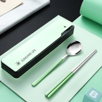 可爱304不锈钢便携餐具套装学生上班族筷子勺子叉子三件套餐具盒|幻影绿(筷勺+盒)