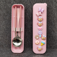 筷收纳盒便携筷勺子学生可爱不锈钢儿童卡通创意野餐外出餐具套装|粉-玫玫熊