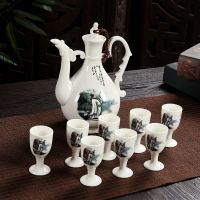 陶瓷仿古家用酒壶白酒酒具套装黄酒分酒器一口杯小酒盅烈酒杯中式|500毫升一斤李白一壶八高脚杯