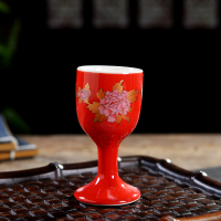 陶瓷白酒杯家用烈酒杯高脚杯黄酒小酒盅创意一口杯黄酒具仿古套装|花开富贵红色6个