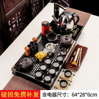 潮汕功夫茶具套装家用整套实木简约茶盘茶道茶杯玻璃杯子陶瓷|13.古风-兰香黑色+二合一电器套装