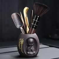 茶道六套装功夫茶具配件组合镊子茶刀勺茶针竹制茶艺茶盘摆件|紫砂浮雕和尚+新六