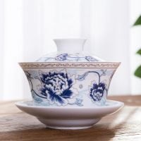 盖碗茶杯大号盖碗功夫茶具盖碗陶瓷碗青花瓷三才盖碗特大号冲茶器|金莲缠枝