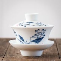 盖碗茶杯大号盖碗功夫茶具盖碗陶瓷碗青花瓷三才盖碗特大号冲茶器|荷塘月色(200ml)